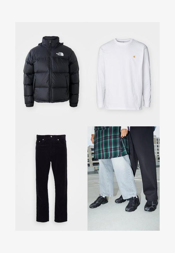 Čierna prešívaná bunda s uzáverom na zips, vypchanými časťami, vysokým golierom a logom The North Face na ľavom hornom rohu. Hladká textúra, bez viditeľných vzorov.; Biely tričko s dlhým rukávom z bavlny. Na hrudi má malé zlaté logo a okrúhly výstrih. Jednoduchý dizajn a štandardný strih.; Carhartt WIP NEWEL PANT - Nohavice - dark navy; Čierne športové topánky s sieťovinou a gumovými akcentmi. Nosené s svetlošedými širokými džínsami a kockovaným zeleným topom. Pozadie s plochým povrchom.