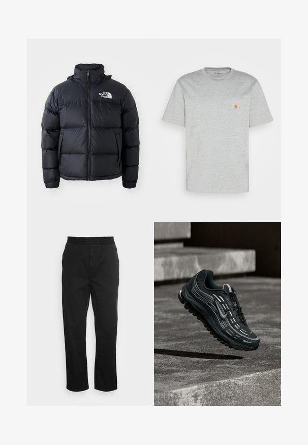 Schwarze Pufferjacke mit Reißverschluss, gepolsterten Abschnitten, hohem Kragen und dem The North Face-Logo in der oberen linken Ecke. Glatte Textur, keine sichtbaren Muster.; Graues Baumwoll-T-Shirt mit kurzen Ärmeln und Rundhalsausschnitt. Mit einer linken Brusttasche und einem kleinen Markenlogo in Orange auf der Tasche.; Schwarze Baumwollhose mit elastischem Bund, geraden Beinen und seitlichen Taschen. Glatte Textur ohne Muster oder Akzente.; Schwarzer und grauer Nike Air Max Sneaker, der über graue Betonstufen mit strukturiertem Bodenhintergrund schwebt.