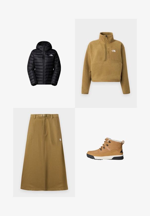 Schwarze isolierte Jacke mit Kapuze, ausgestattet mit einem Reißverschluss, gesteppter Optik und Logopatches. Elegantes Material mit Rippbündchen.; Beiger Fleece-Pullover mit halbhohem Reißverschlusskragen, Vordertasche und elastischem Saum; verfügt über eine weiche, strukturierte Oberfläche und ein weißes Logo-Detail.; Langer, brauner Outdoor-Rock mit Taschen vorne, integriertem Gürtel und The North Face Logo auf der rechten Seite.; Tan Ankle Boots mit einem strukturierten Leder-Obermaterial, Fleece-Fütterung, runden Schnürsenkeln und einer Gummisohle mit einem schwarz-weißen Design.