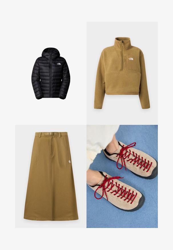 Mustad isolatsiooniga must jope kapuutsiga, varustatud tõmblukuga, tikandiga disain ja logo aktsendid. Sujuv materjal ribakäistega.; Beežikarva fliisist pullover poolluku kaelusega, ees tasku ja elastne ääreosa; iseloomustab pehme, tekstuuriga pind ja valge logo aktsent.; Pikk, päevitunud õues seelik esmakandustega, integreeritud vöö ja The North Face logo paremal küljel.; Beezhikirid punased nööridega, paigutatud sinisele tekstureeritud pinnale, osaliselt paljastavad inimese pahkluu. Kingad on sportliku disainiga.