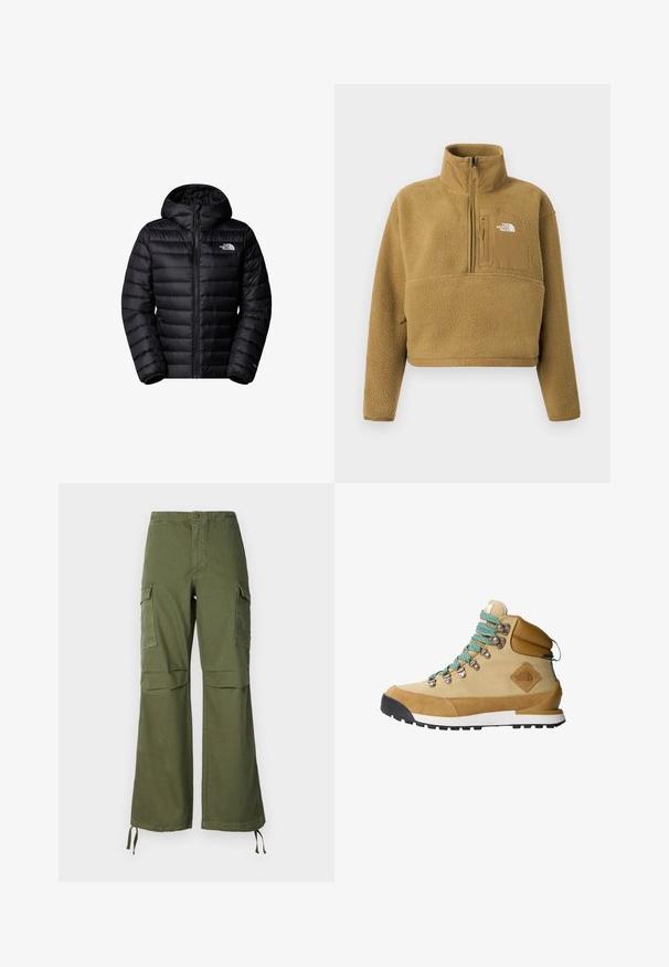 Veste noire isolée avec capuche, dotée d'une fermeture éclair, d'un design matelassé et d'accents de logo. Matériau élégant avec des poignets côtelés.; Pull-over en polaire beige avec col à demi-fermeture éclair, poche avant et ourlet élastique ; présente une surface douce et texturée avec un accent de logo blanc.; Pantalons cargo en coton vert olive, avec une coupe évasée, deux poches latérales et des liens ajustables à l'ourlet.; Botte de randonnée beige avec un dessus en suède et en toile, lacets turquoise, col rembourré et semelle en caoutchouc noir avec un motif de grip texturé.