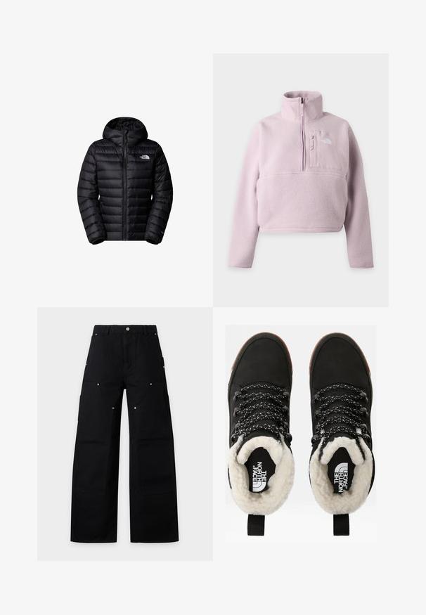 Čierna zateplená bunda s kapucňou, so zapínaním na zips, prešívaným dizajnom a logovými akcentmi. Elegantný materiál s rebrovanými manžetami.; Svetlofialový fleecový pulóver s dlhými rukávmi, stojatým golierom, štvrťovým zipsom a náprsným vreckom s logom The North Face.; Čierne nohavice so širokými nohavicami s viacerými veľkými prednými vreckami a detailmi z kovových nitov, s gombíkom a zipsom v páse.; Čierne nepremokavé členkové topánky s umelou kožušinou vo vnútri, textúrovaný materiál, biele a čierne šnúrky so vzorom a pútko na päte.