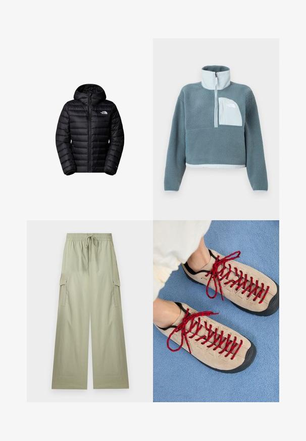 Mustad isolatsiooniga must jope kapuutsiga, varustatud tõmblukuga, tikandiga disain ja logo aktsendid. Sujuv materjal ribakäistega.; Sinine fliisist pullover poole tõmbluku, kõrge krae ja helesinise rinnataskuga, millel on The North Face logo.; Helerohelised laia säärega püksid, millel on elastne vöökoht ja nöör, külgpäraga taskud ning mugav lõige.; Beezhikirid punased nööridega, paigutatud sinisele tekstureeritud pinnale, osaliselt paljastavad inimese pahkluu. Kingad on sportliku disainiga.