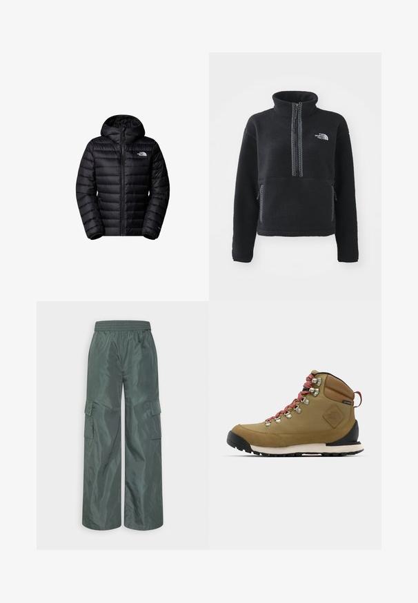 Veste noire isolée avec capuche, dotée d'une fermeture éclair, d'un design matelassé et d'accents de logo. Matériau élégant avec des poignets côtelés.; Polaire noire à col montant, fermeture éclair au quart, poche avant et coutures contrastantes. Dispose du logo The North Face sur la poitrine.; Even&Odd by Zalando Pantalon cargo - dark green; Botte de randonnée marron avec des lacets rouges, œillets en métal, accents en cuir et semelle en caoutchouc. Dispose d'un bout arrondi et d'un col rembourré.