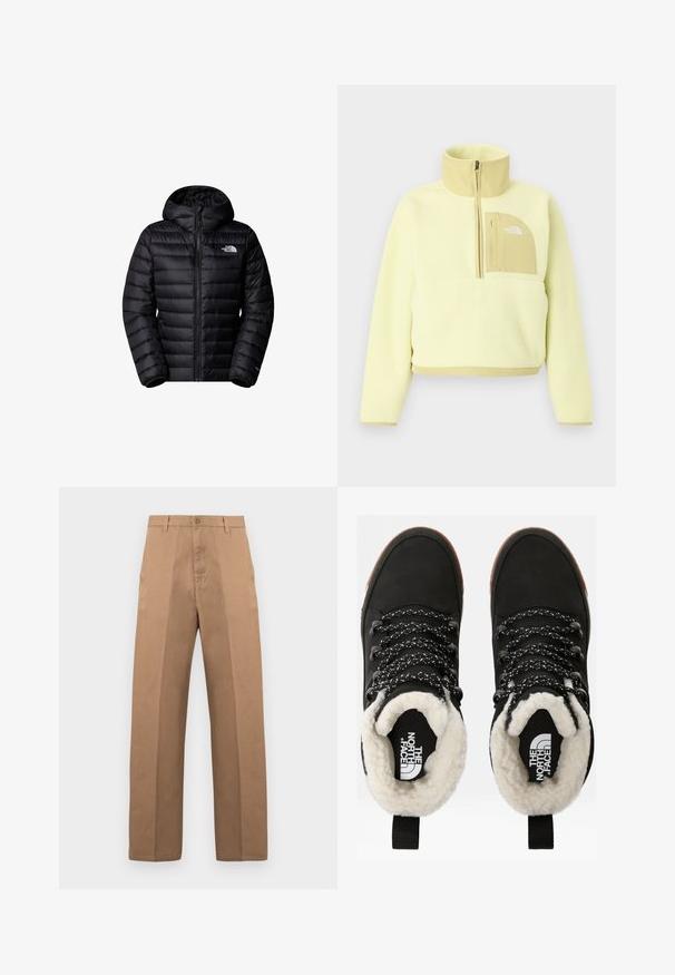 Sort isoleret jakke med hætte, der har lynlås lukning, quiltet design og logo detaljer. Slankt materiale med ribbede mansjetter.; Lysegul fleece-trøje med halv lynlås, høj krave og beige brystlomme med The North Face-logo.; Brune bomuldssbukser med et lige ben, der har en knaplukning, bæltestropper og minimale syninger for et clean udseende.; Sorte vandtætte ankelstøvler med for af faux pels, tekstureret stof, snørebånd med hvidt og sort mønster samt en løkker ved hælen.