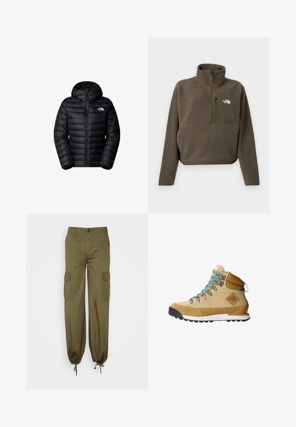 Mustad isolatsiooniga must jope kapuutsiga, varustatud tõmblukuga, tikandiga disain ja logo aktsendid. Sujuv materjal ribakäistega.; Oliviroheline fliisist pullover kõrge krae, neljandik lukuga ja esiosa taskuga, millel on lukk. Valge logo rinnal. Lühendatud pikkus.; Olive roheline värvi cargo-püksid, valmistatud puuvillast. Omadusteks on elastsed mansetid, kaks küljetaskut ja kaks cargo-taskut reitel.; Kohvitooni matkajalanõud, mille ülemine osa on valmistatud nahast ja kangast, türkiissinised kingapaelad, pehmendatud krae ja must kummist sööt, millel on tekstureeritud haardemuster.