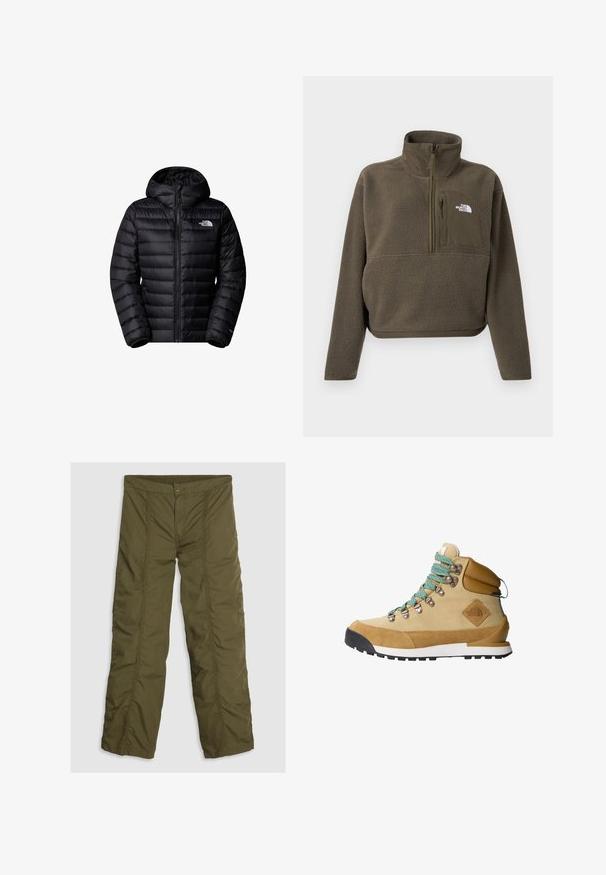 Mustad isolatsiooniga must jope kapuutsiga, varustatud tõmblukuga, tikandiga disain ja logo aktsendid. Sujuv materjal ribakäistega.; Oliviroheline fliisist pullover kõrge krae, neljandik lukuga ja esiosa taskuga, millel on lukk. Valge logo rinnal. Lühendatud pikkus.; Oliivroheline isoleeritud pükste sirge lõikega, millel on nupuvajutus ja elastne vöökoha, sile tekstuur ja tikitud detailid.; Kohvitooni matkajalanõud, mille ülemine osa on valmistatud nahast ja kangast, türkiissinised kingapaelad, pehmendatud krae ja must kummist sööt, millel on tekstureeritud haardemuster.