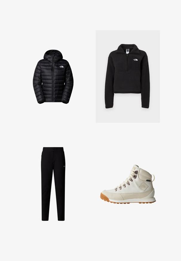 Sort isoleret jakke med hætte, der har lynlås lukning, quiltet design og logo detaljer. Slankt materiale med ribbede mansjetter.; Sort fleece pullover med en kvart lynlås, høj krave og en brystlomme med et hvidt logo. Blød tekstur og cropped design.; The North Face W QUEST SOFTSHELL PANTS - Bukser - tnf black; Hvid vandrestøvle med overdel i ruskind og stof, metaløjer og en markant gummisål. Har mærkeaccents og en tekstureret finish.