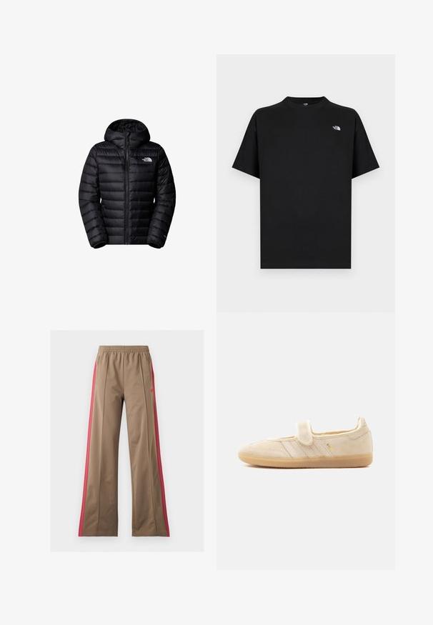 Sort isoleret jakke med hætte, der har lynlås lukning, quiltet design og logo detaljer. Slankt materiale med ribbede mansjetter.; Sort t-shirt med korte ærmer lavet af bomuld med rund hals. Har en lille hvid logo på venstre bryst og en standard pasform.; Brune vidde træningsbukser med elastisk talje og lyserøde side striber, med lynlåslommer på siden og et lille logo til venstre.; Beige ruskind Mary Jane sneaker med velcrolukning, gummisål, tre syede striber og gyldent "SAMBA" branding på siden.