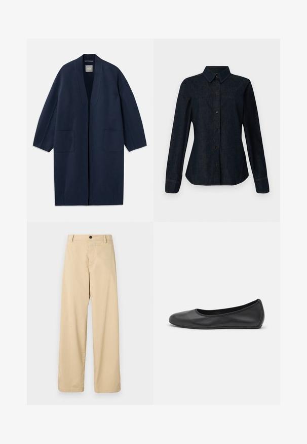 Marineblauwe lange jas met een losse pasvorm, wijde mouwen, V-hals en twee voorzakken. Gemaakt van een gladde, gestructureerde stof.; CLOSED SEAMING SHIRT - Overhemdblouse - dark blue; Beige katoenen broek met een recht model, voorzien van een ritssluiting aan de voorkant, een enkele zwarte knop en twee zijzakken.; Zwarte leren ballerina met een ronde neus, gladde textuur, minimale stikdetails en een flexibele zoolontwerp.