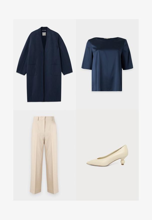 Abrigo largo azul marino con un corte holgado, mangas anchas, escote en V y dos bolsillos frontales. Hecho de una tela suave y texturada.; Blusa de satén azul marino de manga corta con escote redondo y un ajuste holgado, mostrada sobre un fondo liso.; Pantalones beige de talle alto, entallados, con trabillas para cinturón y piernas rectas, presentados sobre un fondo blanco liso.; Zapato de mujer color crema con punta afilada y tacón bajo, con tacón redondo en forma de bola, sobre un fondo liso.