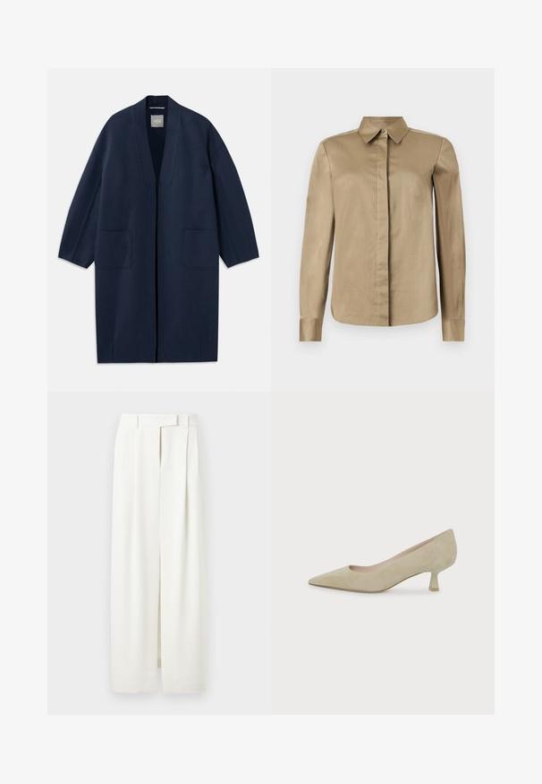 Marineblauwe lange jas met een losse pasvorm, wijde mouwen, V-hals en twee voorzakken. Gemaakt van een gladde, gestructureerde stof.; Beige blouse met lange mouwen, knoopsluiting, puntige kraag en verborgen knopen aan de voorkant, weergegeven op een eenvoudige lichte achtergrond.; Witte wijde broek met plooien, riemlussen en een verborgen voorsluiting, afgebeeld tegen een effen achtergrond.; Beige suède pump met puntige neus, lage hak en een slanke hak van gemiddelde hoogte op een effen witte achtergrond.