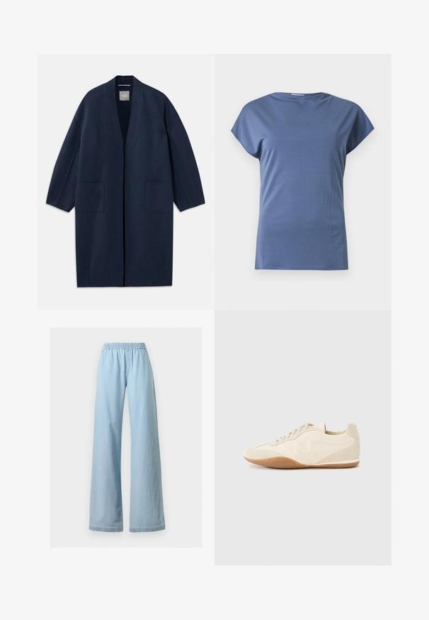 Marineblauer langer Mantel mit lockerer Passform, weiten Ärmeln, V-Ausschnitt und zwei Fronttaschen. Hergestellt aus einem glatten, strukturierten Stoff.; Blaues T-Shirt mit kurzen Ärmeln und Rundhalsausschnitt, locker geschnitten, auf einfachem hellem Hintergrund dargestellt.; Hellblaue Hosen mit weitem Bein, elastischem Bund und Vorderhosentaschen, vor einem weißen Hintergrund gezeigt.; Hellbeige Sneaker mit strukturiertem Lederupper, strukturierten seitlichen Einsätzen und einer Gummisohle. Verfügt über ein schlankes, stromlinienförmiges Design und flache Schnürsenkel.