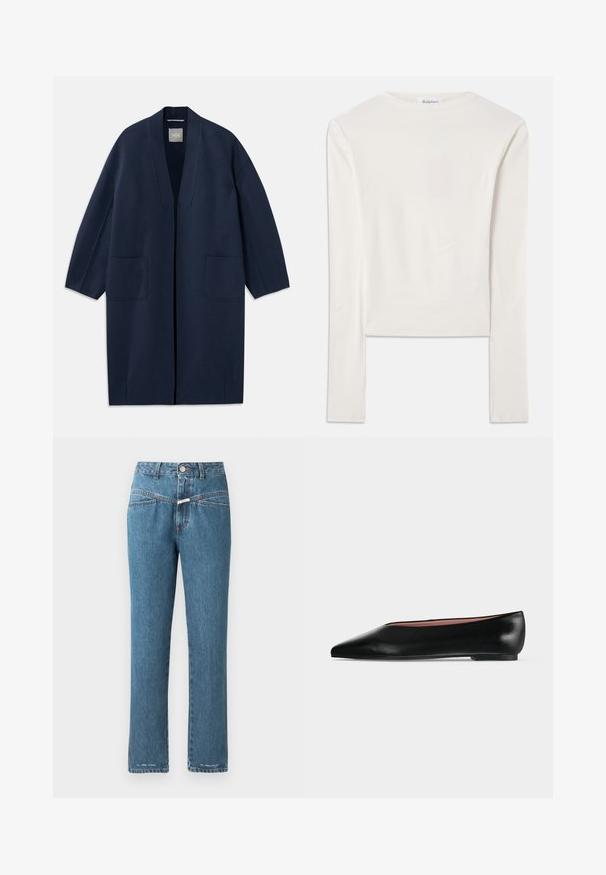Abrigo largo azul marino con un corte holgado, mangas anchas, escote en V y dos bolsillos frontales. Hecho de una tela suave y texturada.; Camiseta blanca de manga larga hecha de algodón, con un sencillo cuello redondo y un ajuste ceñido. La tela es suave con un ligero estiramiento.; CLOSED PEDAL PUSHER - Vaqueros boyfriend - mid blue; Zapato plano negro de cuero para mujer con punta puntiaguda y tacón bajo, mostrado de lado sobre un fondo liso gris claro.