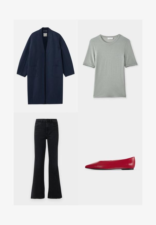 Mørkeblå lang frakke med løs pasform, brede ærmer, V-hals og to forlommer. Lavet af et glat, struktureret stof.; Kortærmet t-shirt med rund hals i lys grå, lavet af blødt stof med en glat tekstur og diskret syninger på ærmerne og halsen.; Sorte højtaljede flared jeans med frontlommer, bæltestropper og knappelukning på en hvid baggrund.; Rød læderflad sko med spids tå, sort sål og lav hæl, vist i profil på en ensfarvet lys baggrund.