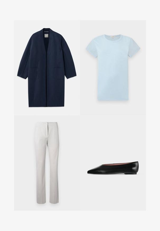 Marineblauwe lange jas met een losse pasvorm, wijde mouwen, V-hals en twee voorzakken. Gemaakt van een gladde, gestructureerde stof.; rag & bone T-shirt basic - raindrop; Lichtgrijze, op maat gemaakte broek met een gladde textuur, rechte pijpen en een gemiddelde taillehoogte. Voorzien van een ritssluiting aan de voorkant en zijzakken.; Zwarte leren damesschoen met platte zool, puntige neus en lage hak, zijwaarts afgebeeld tegen een effen lichtgrijze achtergrond.