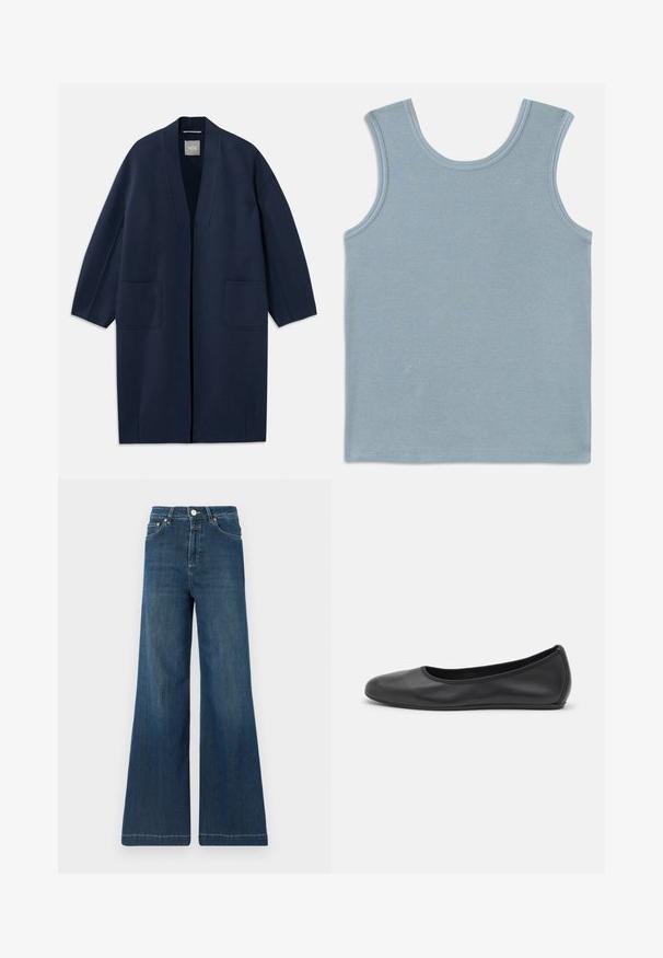 Marineblauer langer Mantel mit lockerer Passform, weiten Ärmeln, V-Ausschnitt und zwei Fronttaschen. Hergestellt aus einem glatten, strukturierten Stoff.; Helles blaues Tanktop aus Rippstoff. Mit rundem Halsausschnitt und weiten Armausschnitten. Flache Nähte an den Kanten und ein gerader Saum.; Weit geschnittene Jeans aus dunkelblauem Denim, mit hoher Taille, kupferfarbenen Details und subtilen Verwaschungen. Sauberer Saum ohne zusätzliche Muster.; Schwarze Leder-Ballettschuhe mit abgerundeter Spitze, glatter Textur, minimalen Nähdetails und einem flexiblen Sohlen-Design.