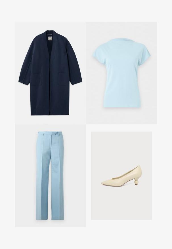 Abrigo largo azul marino con un corte holgado, mangas anchas, escote en V y dos bolsillos frontales. Hecho de una tela suave y texturada.; Camiseta de manga corta y cuello redondo de color azul claro, mostrada plana sin logotipos ni patrones visibles sobre un fondo blanco liso.; Pantalones a medida de color azul claro con cintura alta, trabillas, pliegues frontales y corte recto sobre un fondo blanco.; Zapato de tacón color crema con puntera puntiaguda y tacón bajo y único con forma de bulbo sobre un fondo blanco liso.