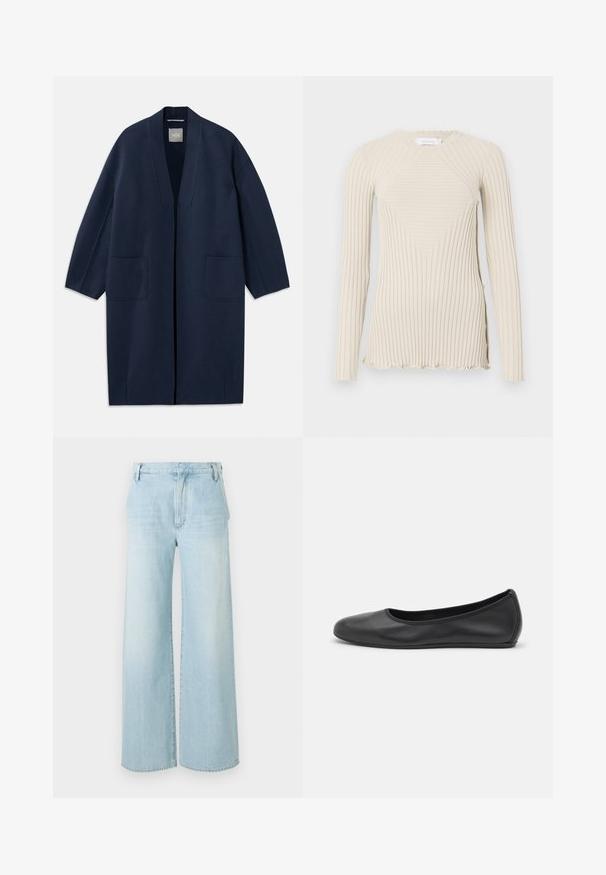 Marineblauer langer Mantel mit lockerer Passform, weiten Ärmeln, V-Ausschnitt und zwei Fronttaschen. Hergestellt aus einem glatten, strukturierten Stoff.; Rabanne Langarmshirt - ecru; Helle blaue weite Jeans aus Denim. Merkmale sind eine hohe Taille, ein Fünf-Taschen-Design und dezentes Ausbleichen mit einem sauberen Saum.; Schwarze Leder-Ballettschuhe mit abgerundeter Spitze, glatter Textur, minimalen Nähdetails und einem flexiblen Sohlen-Design.