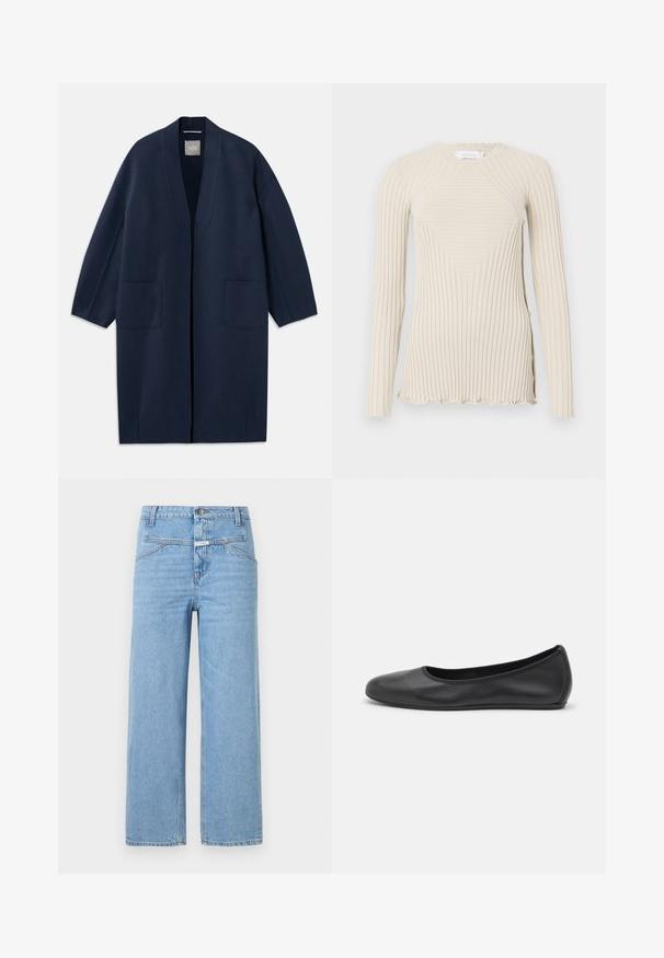 Marineblauwe lange jas met een losse pasvorm, wijde mouwen, V-hals en twee voorzakken. Gemaakt van een gladde, gestructureerde stof.; Rabanne Longsleeve - ecru; CLOSED STOVER - Relaxed fit jeans - light blue; Zwarte leren ballerina met een ronde neus, gladde textuur, minimale stikdetails en een flexibele zoolontwerp.