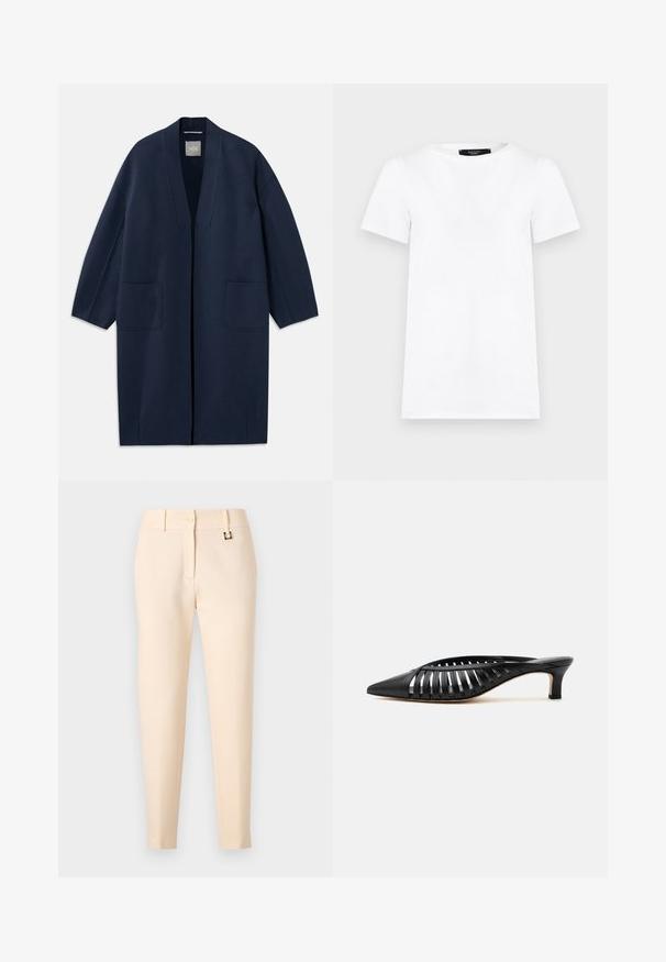 Mørkeblå lang frakke med løs pasform, brede ærmer, V-hals og to forlommer. Lavet af et glat, struktureret stof.; Hvid, kortærmet T-shirt med rund hals, lige skåret og med en lille sort label indeni halsudskæringen.; Kremfarvede, slankt designede bukser med bæltestropper, foran lukning med knap og lynlås, vist mod en lysegrå baggrund.; Sort læder mule med spids snude, stropdetalje og lav kittenhælk på hvid baggrund.