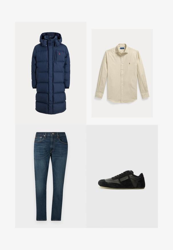 Marineblauwe lange donsjas met capuchon, ritssluiting aan de voorkant, drukknoopjes, zijzakken en klein rood logo op de borst.; Beige en witte verticale gestreepte overhemd met lange mouwen, kraag en Polo Ralph Lauren-logo geborduurd op de borst.; Donkerblauwe slim-fit jeans met lichte vervaging, voorzakken, riemlussen en knoopsluiting tegen een effen achtergrond.; Zwarte sneakers gemaakt van suede en leer. Voorzien van een laag profiel, afgeronde neus, vetersluiting en textuurelementen. De zolen hebben een grip textuur.