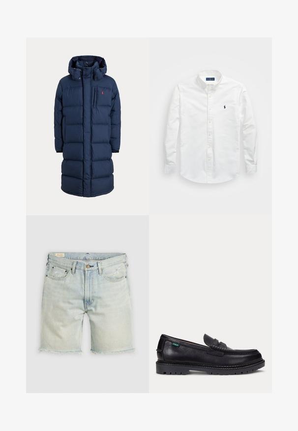 Marineblauer langer Steppmantel mit Kapuze, Frontreißverschluss, Druckknöpfen, Seitentaschen und kleinem roten Logo auf der Brust.; Weißes Button-Down-Hemd aus Baumwolle. Verfügt über einen spitzen Kragen, lange Ärmel und ein kleines marineblaues Logo auf der Brust. Glatte Textur.; Helleblaue Jeansshorts mit ausgefranstem Saum, fünf Taschen und Kontrastnähten. Verfügt über einen Knopfverschluss und leichte Gebrauchsspuren auf dem Stoff.; Schwarzer Lederloafer mit dicker Profilsohle und kleinem grünen "Polo"-Etikett an der Außenseite nahe der Ferse.