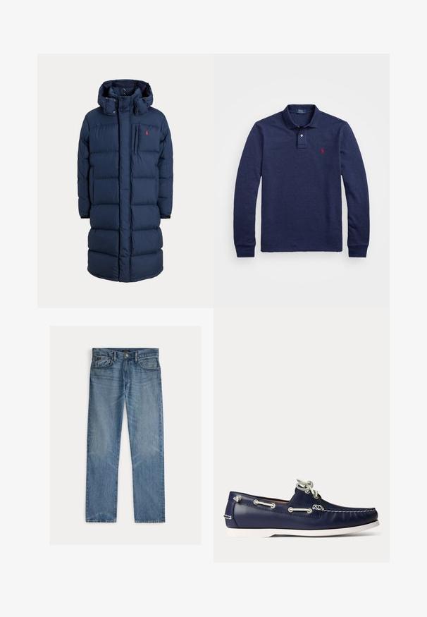 Navyblå lang dynejakke med hætte, frontlynlås, trykknapper, sidelommer og lille rødt logo på brystet.; Marineblå langærmet polo t-shirt i blødt stof, med en tre-knaps knaplukning, ribbede ærmer og et lille rødt logo på venstre bryst.; Lyseblå denimjeans med et lige snit, der har fem lommer, knaplukning og en diskret falmet effekt på stoffet.; Flåden blå læder bådsko med hvide snørebånd og syninger, med hvid gummisål og metaløjer på en lyse baggrund.