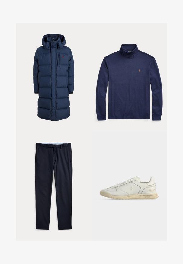 Navyblå lang dynejakke med hætte, frontlynlås, trykknapper, sidelommer og lille rødt logo på brystet.; Marineblå langærmet rullekraveskjorte med lille broderet orange Polo-logo på venstre bryst.; Marineblå herre habitbukser med bæltestropper, lynlås og sidelommer, lagt fladt på en hvid baggrund.; Hvid lavtop lædersneaker med beige sål, snørebånd foran og Polo Ralph Lauren logoer prægede på siden og hælen.