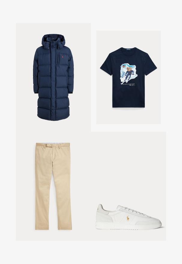 Marineblauwe lange donsjas met capuchon, ritssluiting aan de voorkant, drukknoopjes, zijzakken en klein rood logo op de borst.; Marineblauw katoenen T-shirt met een afbeelding van een beer die skiet, een skibril draagt, met een helikopter erboven en besneeuwde bergen op de achtergrond.; Beige broek met rechte pijpen, ceintuurlussen en een voorrits, plat gelegd tegen een witte achtergrond.; Witte lage sneaker met vetersluiting, gouden Polo Ralph Lauren-logo aan de zijkant en een gestructureerde zool op een effen achtergrond.