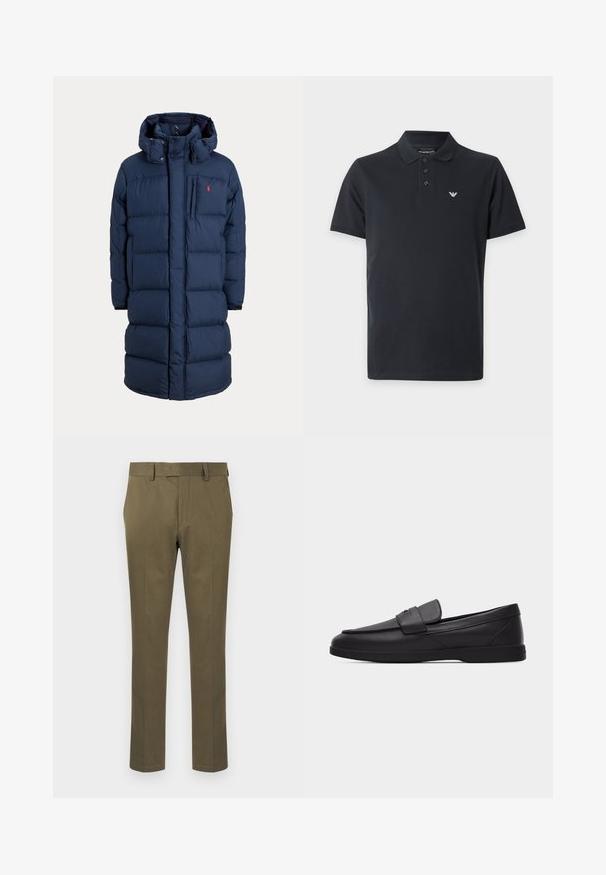 Navyblå lang dynejakke med hætte, frontlynlås, trykknapper, sidelommer og lille rødt logo på brystet.; Sort polo med korte ærmer, krave, tre knapper og lille hvidt logo på venstre bryst.; Herre slim-fit olivengrønne bukser med bæltestropper, sidelommer og en skjult lynlås foran på hvid baggrund.; Sort herreloafer i læder med mokastøvle-tå, remdetalje på toppen og flad gummisål, vist i sideprofil på hvid baggrund.