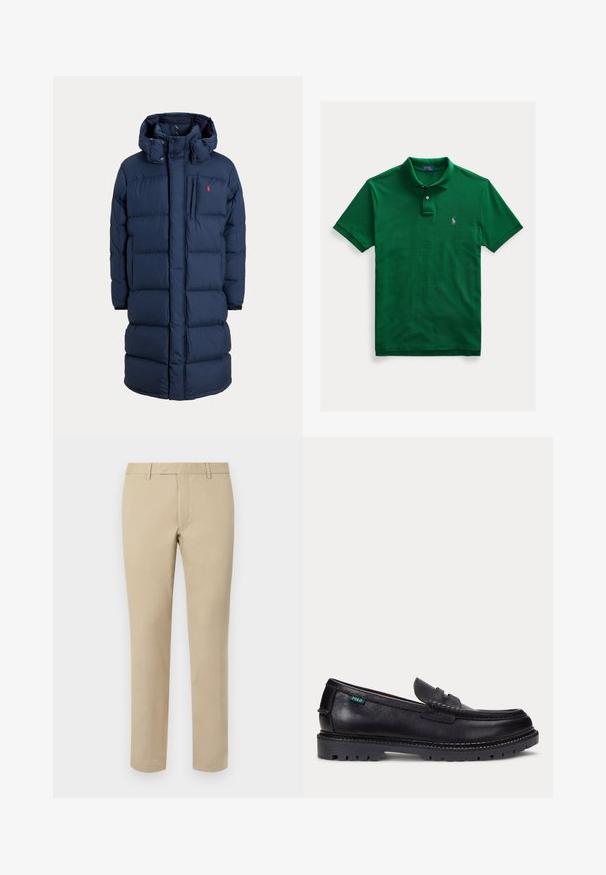 Navyblå lang dynejakke med hætte, frontlynlås, trykknapper, sidelommer og lille rødt logo på brystet.; Grøn kortærmet polo-shirt med to-knaps slids og lille lilla broderet logo på venstre bryst.; Beige bomuldsbukser med lige pasform, der har bæltesløjfer, glat front og skræddersyede søm. Glat tekstur og minimal detaljer.; Sort læderloafer med tyk, mønstret sål og lille grøn "Polo"-mærke på ydersiden nær hælen.