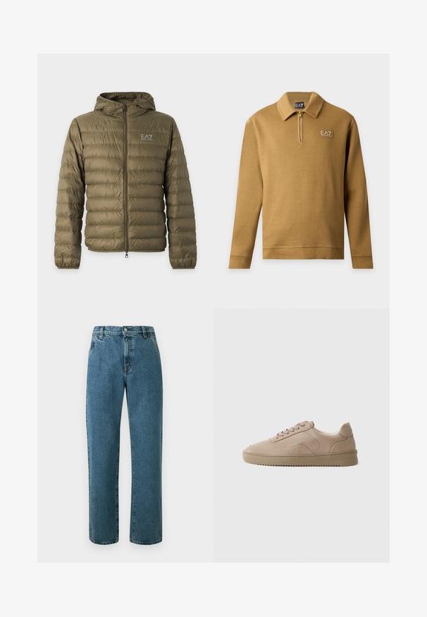 Doudoune matelassée vert olive avec capuche, fermeture éclair intégrale à l'avant, poignets élastiques et logo blanc EA7 Emporio Armani sur la poitrine gauche.; Pull-over marron camel à manches longues avec col, fermeture éclair quart de longueur et petit logo EA7 Emporio Armani sur la poitrine gauche.; Jean en denim bleu taille haute avec jambes droites, fermeture à boutons et fermeture éclair à l'avant, et poches latérales, présenté sur un fond clair.; Baskets en cuir beige avec lacets plats, finition lisse et semelle extérieure en caoutchouc texturé. Coutures sur le panneau latéral et design de orteil arrondi.