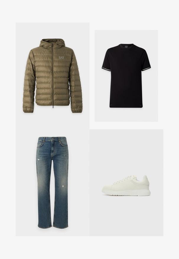 Doudoune matelassée vert olive avec capuche, fermeture éclair intégrale à l'avant, poignets élastiques et logo blanc EA7 Emporio Armani sur la poitrine gauche.; T-shirt noir à manches courtes avec col rond, rayures blanches et logo Armani Exchange sur les poignets des manches.; Jeans en denim bleu moyen avec une coupe droite, présentant des décolorations légères et des patches usés. Design classique à cinq poches et fermeture par bouton supérieur.; Baskets blanches en cuir avec un dessus texturé, bout rond, semelle plate blanche et lacets ton sur ton. Marque discrète sur la languette.