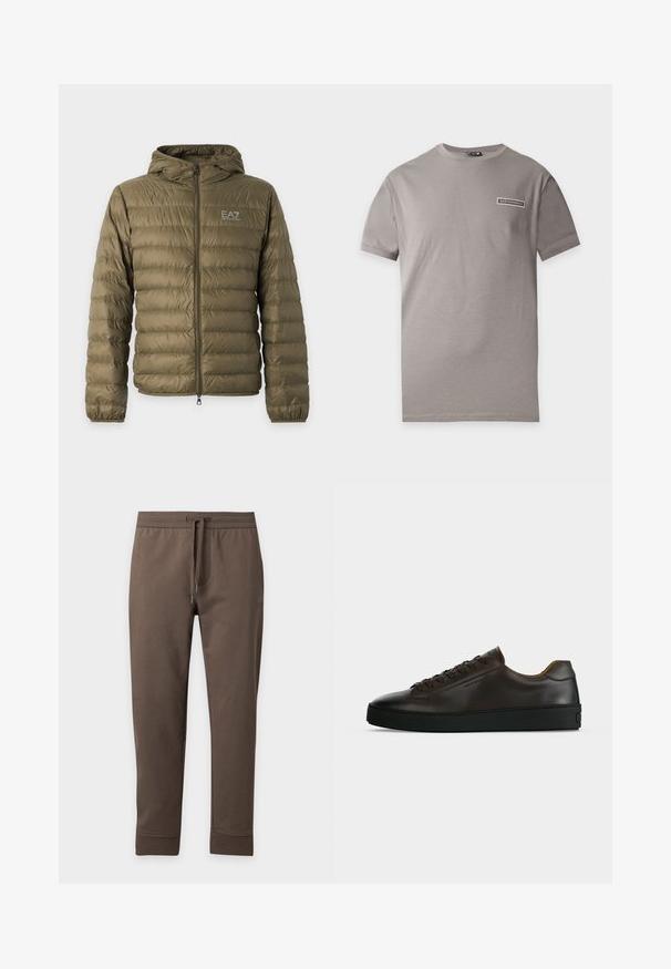 Doudoune matelassée vert olive avec capuche, fermeture éclair intégrale à l'avant, poignets élastiques et logo blanc EA7 Emporio Armani sur la poitrine gauche.; T-shirt gris à manches courtes avec un petit écusson du logo EA7 Emporio Armani sur le haut gauche de la poitrine.; Pantalon de survêtement marron fuselé avec taille élastique et cordon, présenté à plat sur un fond clair.; Baskets basses en cuir marron foncé avec semelle en caoutchouc noire, lacets à l'avant et design minimaliste épuré sur fond clair.