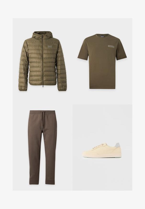 Doudoune matelassée vert olive avec capuche, fermeture éclair intégrale à l'avant, poignets élastiques et logo blanc EA7 Emporio Armani sur la poitrine gauche.; T-shirt vert olive à manches courtes avec col rond et petit logo EA7 Emporio Armani sur la poitrine gauche.; Pantalon de survêtement marron fuselé avec taille élastique et cordon, présenté à plat sur un fond clair.; Baskets basses beige à lacets, semelle rose clair et languette grise à l'arrière marquée "Filling Pieces", vues de profil sur fond uni.