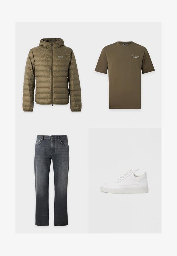 Doudoune matelassée vert olive avec capuche, fermeture éclair intégrale à l'avant, poignets élastiques et logo blanc EA7 Emporio Armani sur la poitrine gauche.; T-shirt vert olive à manches courtes avec col rond et petit logo EA7 Emporio Armani sur la poitrine gauche.; Jean noir droit avec fermeture avant par bouton et zip, design cinq poches et détails subtils d'usure.; Baskets en cuir blanc avec un embout arrondi, une semelle plate et un laçage à l'avant. Présentent des détails de couture et un col rembourré pour plus de confort.