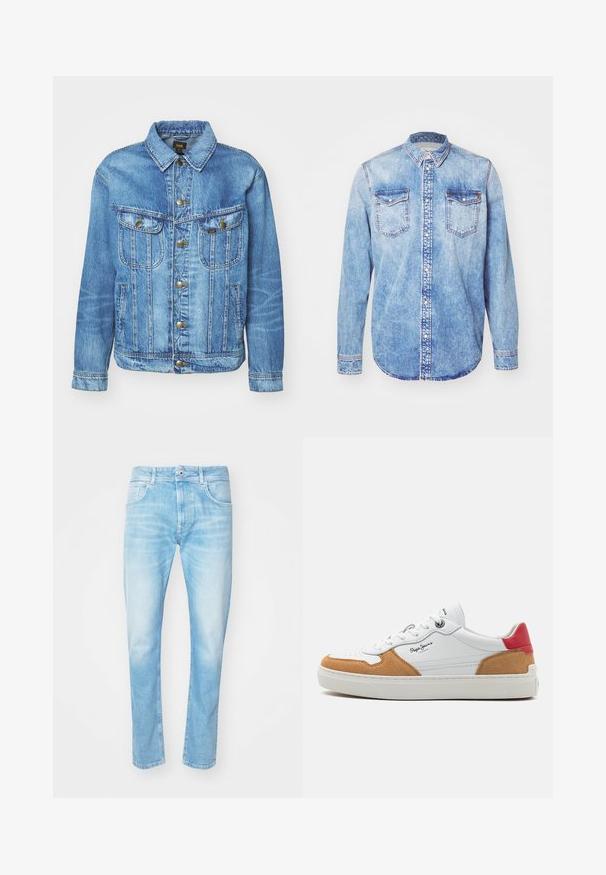 Chaqueta de mezclilla azul claro con un diseño clásico, con cierre de botones, dos bolsillos en el pecho y cuello con solapa. Textura suave, estilo casual.; Camisa de mezclilla azul claro con mangas largas, cuello abotonado, dos bolsillos en el pecho y costuras en contraste. Dobladillo redondeado y corte clásico.; Vaqueros de denim azul claro con corte recto, con dos bolsillos frontales y cierre de botón. Apariencia deslavada con textura sutil.; Zapatillas blancas de cuero con acentos de ante marrón claro y un talón rojo. Cuentan con una puntera perforada, cordones redondos y una suela de goma texturizada.