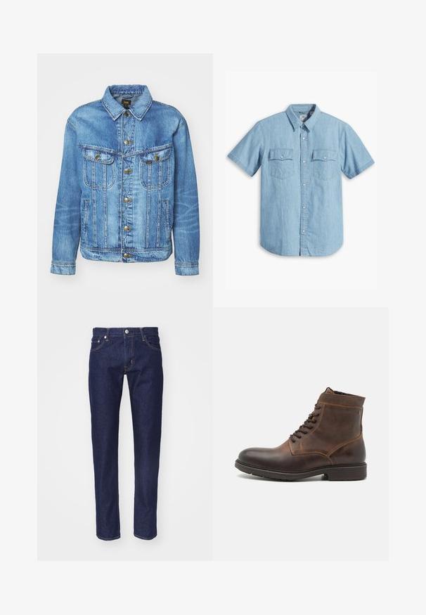 Veste en denim bleu clair au design classique, avec fermeture à boutons, deux poches poitrine et col classique. Texture douce, style décontracté.; Chemise à manches courtes bleu clair, en denim, avec deux poches poitrine à couture verticale et un col classique.; Jean en denim bleu marine avec une coupe droite, une conception à cinq poches, des coutures orange contrastées et une fermeture à bouton en métal argenté à la taille.; Jack & Jones JFWDELANEY BOOT - Bottines à lacets - cognac