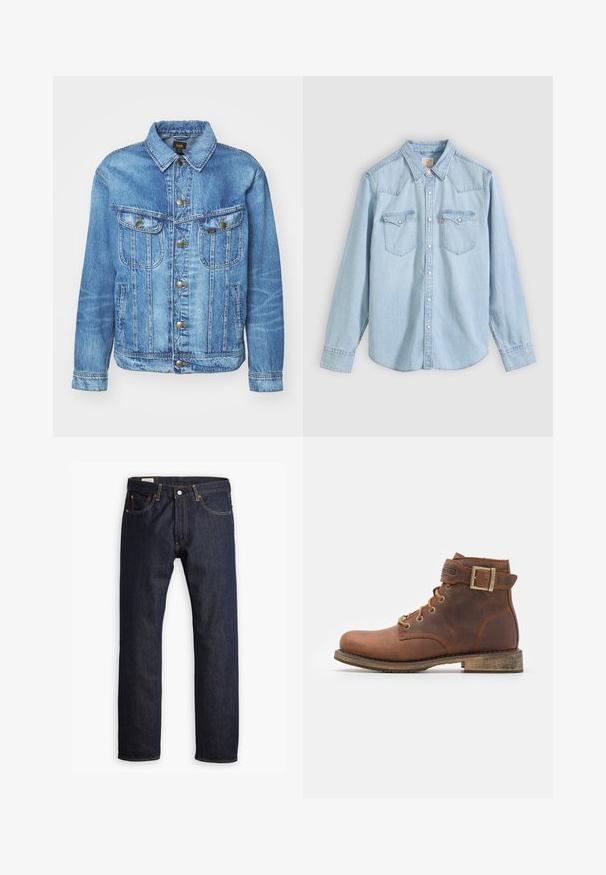 Chaqueta de mezclilla azul claro con un diseño clásico, con cierre de botones, dos bolsillos en el pecho y cuello con solapa. Textura suave, estilo casual.; Camisa de mezclilla azul claro de manga larga con cierre de botones, dos bolsillos en el pecho con solapa y botón, y cuello puntiagudo sobre fondo liso.; Jeans de mezclilla azul oscuro con un diseño de pierna recta, costuras naranjas y estilo de cinco bolsillos con cierre de botón metálico.; Harley Davidson VNTGMOTO SHORT RIDING APPROVED - Botines camperos - brown