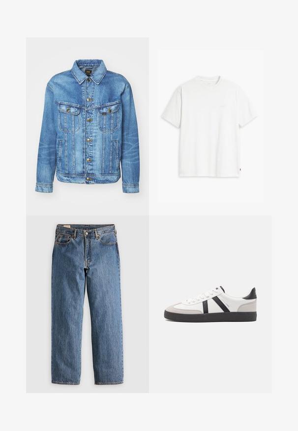 Veste en denim bleu clair au design classique, avec fermeture à boutons, deux poches poitrine et col classique. Texture douce, style décontracté.; T-shirt en coton blanc à manches courtes, col rond, avec un logo "Levi's" discret imprimé en couleur claire sur le devant.; Jeans en denim bleu avec une coupe droite, présentant une taille haute, des rivets en cuivre et des coutures orange. Poches avant et arrière incluses.; Baskets blanches avec des accents noirs et gris, présentant un embout texturé gris, une semelle en caoutchouc noir et des lacets plats blancs. Design épuré, style minimaliste.