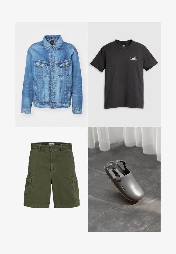 Hellblauer Denimjacke im klassischen Design, mit Knopfverschluss, zwei Brusttaschen und einem Kragen. Weiche Textur, lässiger Stil.; Schwarzes Baumwoll-T-Shirt mit kurzen Ärmeln, Rundhalsausschnitt und weißem "Levi's"-Logo auf der linken Brust. Weiche Textur, legerer Schnitt.; Olivengrüne Cargo-Shorts aus Baumwolle, mit einem Reißverschluss, Gürtelschlaufen, seitlichen Taschen und einem geraden Schnitt.; Schuh: grauer Slipper mit glattem Kunststoffoberteil, Gummisohle und verstellbarem Riemen. Merkmale ein minimalistisches Design und ein dezentes Logodetail.