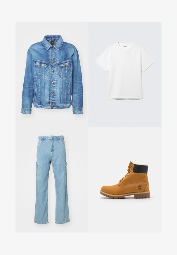 Chaqueta de mezclilla azul claro con un diseño clásico, con cierre de botones, dos bolsillos en el pecho y cuello con solapa. Textura suave, estilo casual.; Camiseta blanca de manga corta con cuello redondo, colocada plana, diseño liso, con etiqueta "WEEKDAY" en el interior del cuello sobre un fondo claro.; Pantalones cargo de denim azul claro con piernas anchas, que presentan dos bolsillos laterales y un cierre clásico de botones. Tejido texturizado con un acabado desteñido.; Botín de cuero marrón con ojales de metal, forro de piel sintética blanca, cuello acolchado negro, suela resistente y logotipo en relieve en el costado.