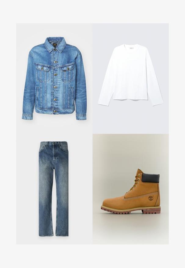 Chaqueta de mezclilla azul claro con un diseño clásico, con cierre de botones, dos bolsillos en el pecho y cuello con solapa. Textura suave, estilo casual.; Camiseta blanca lisa de manga larga con cuello redondo, corte holgado y etiqueta de la marca visible en el cuello, colocada plana sobre un fondo claro.; Jeans de mezclilla azul con corte recto, que presentan un lavado desgastado, lazos para cinturón, bolsillos frontales y un solo bolsillo trasero.; Bota de tobillo de cuero marrón con cuello negro, cordones amarillos y suela beige. Presenta un logotipo y detalles de costura blanca. Suela exterior con tracción robusta.