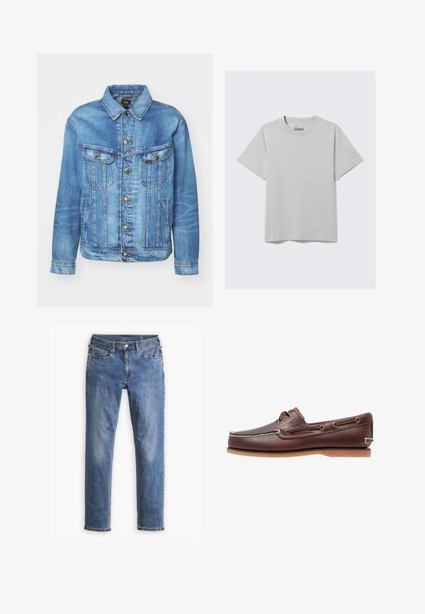 Chaqueta de mezclilla azul claro con un diseño clásico, con cierre de botones, dos bolsillos en el pecho y cuello con solapa. Textura suave, estilo casual.; Camiseta de algodón gris claro con cuello redondo y mangas cortas, que presenta un diseño minimalista y un corte relajado. Sin estampados ni acentos.; Jeans de mezclilla slim-fit en color azul con cinco bolsillos y cierre de botón, mostrando un ligero desgaste en los muslos y las rodillas, exhibidos sobre un fondo blanco.; Zapato náutico de cuero marrón con costuras blancas, detalles de cordones y suela de goma color coñac, mostrado de lado sobre un fondo blanco.