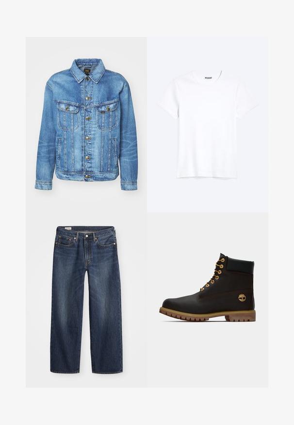 Chaqueta de mezclilla azul claro con un diseño clásico, con cierre de botones, dos bolsillos en el pecho y cuello con solapa. Textura suave, estilo casual.; Camiseta blanca lisa de cuello redondo y manga corta con una etiqueta visible de la marca WEEKDAY en el cuello, mostrada sobre un fondo claro.; Jeans de mezclilla azul oscuro con corte recto, diseño de cinco bolsillos, cierre de botón metálico y cremallera, y patrones sutiles de desgaste.; Bota de cuero negro de tobillo con ojales dorados, acentos marrones y suela de goma. Presenta un cuello acolchado y un logotipo en relieve en el costado.