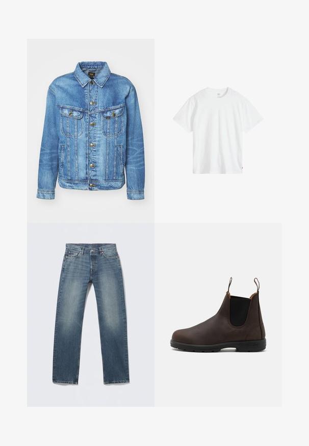 Chaqueta de mezclilla azul claro con un diseño clásico, con cierre de botones, dos bolsillos en el pecho y cuello con solapa. Textura suave, estilo casual.; Camiseta blanca de algodón con cuello redondo, mangas cortas y un ajuste relajado. Presenta una pequeña etiqueta de la marca en la parte inferior izquierda.; Vaqueros azules de mezclilla, diseño de pierna recta, lavado medio con áreas descoloridas, cinco bolsillos, remaches de cobre y detalles de costuras en contraste.; Botín de piel marrón hasta el tobillo con paneles laterales elásticos y lengüetas en la parte superior, que presenta una superficie texturizada y una suela de goma negra duradera.