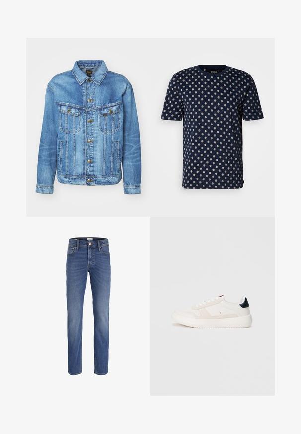 Lichtblauwe denimjas met een klassiek ontwerp, voorzien van een knoopsluiting, twee borstzakken en een kraag. Zachte textuur, casual stijl.; Marineblauw T-shirt met korte mouwen, voorzien van een verspreid patroon van witte stippen en zonnestraalontwerpen. Zachte stof met een ronde halslijn.; Blauwe spijkerbroek met rechte pijpen, knoop- en ritssluiting, voor- en achterzakken, en subtiele vervaging op de dijen en knieën.; Witte sneaker met bovenwerk van suede en leer, platte veters, ronde neus en een contrasterende marineblauwe hakaccent. Dikke rubberen zool.