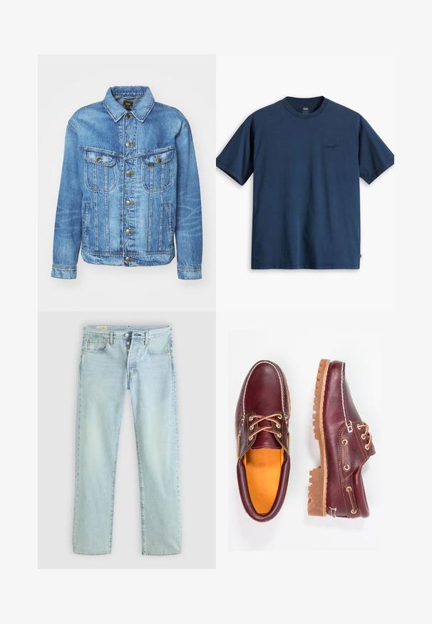 Veste en denim bleu clair au design classique, avec fermeture à boutons, deux poches poitrine et col classique. Texture douce, style décontracté.; T-shirt en coton bleu marine, coupe crew, manches courtes, avec un logo noir discret sur la poitrine gauche et un ourlet droit. Design simple.; Jeans en denim bleu clair avec une coupe droite, cinq poches, braguette à boutons et décoloration subtile. Présente des détails de couture et des rivets en cuivre.; Chaussures en cuir bourgogne avec semelles en caoutchouc marron, bout rond, couture blanche et œillets dorés. L'intérieur présente une doublure jaune.