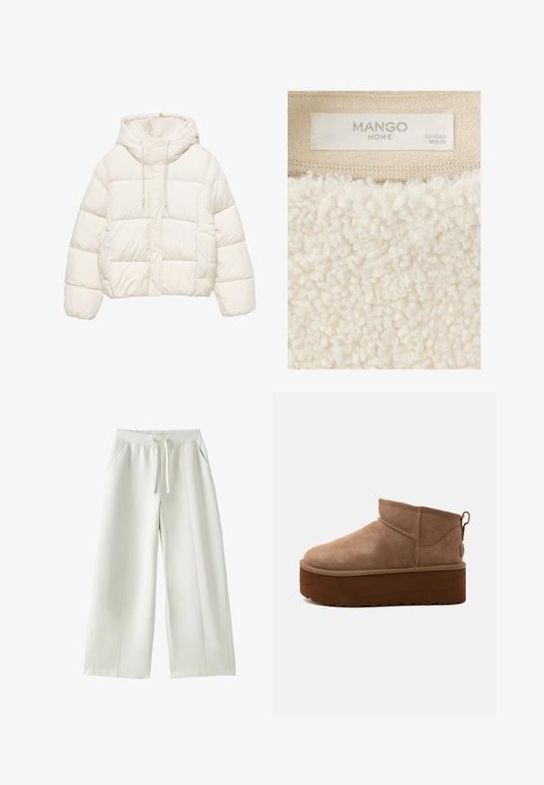 Veste courte matelassée en crème clair, avec capuche, cordons ajustables et sections matelassées. Tissu lisse et texturé, coupe décontractée.; Gros plan d’un vêtement en tissu texturé beige avec une étiquette cousue indiquant Mango Home et la taille EU US XS MEX CH.; Pantalon blanc à jambes larges avec taille élastique, cordon de serrage à l'avant, poches latérales, et détails de coutures visibles sur un fond uni.; Bottine marron en daim de hauteur moyenne, style slip-on, avec une semelle épaisse compensée et un onglet à l’arrière sur fond clair.